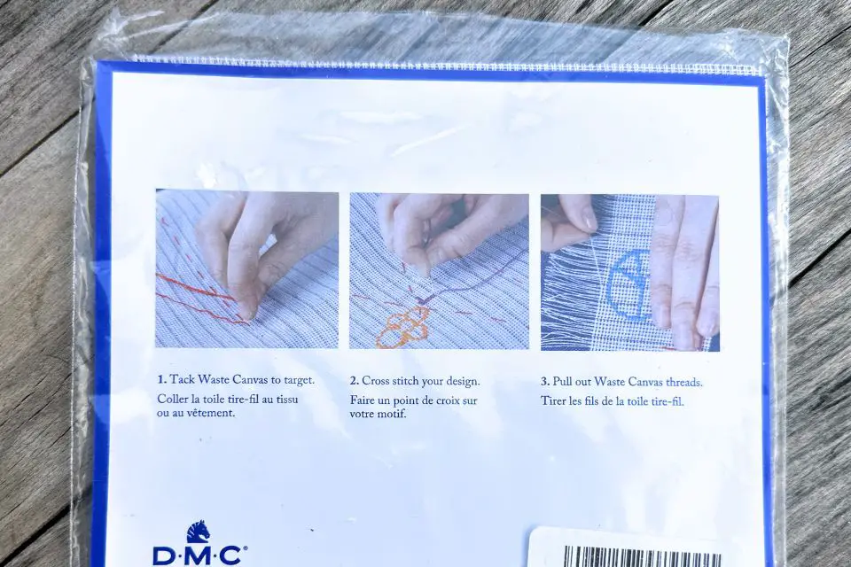 The back of DMC waste canvas packaging showing 3-step instructions.
